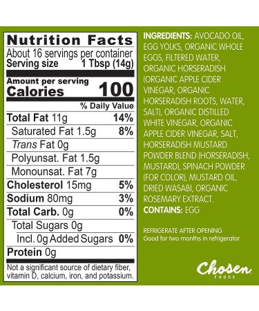 Chosen Foods Wasabi Mayonnaise Avocado Oil-Based, Gluten & Dairy Free, Paleo Diet Friendly (8 fl oz) - Buy Online on GoSupps.com