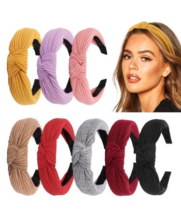 DRESHOW 8 Pack Knotted Headbands For Women Wide Turban Headband Yoga Exercise Ribbing Head Wraps Hair Bands Accessories 8 Pack Ribbing CB