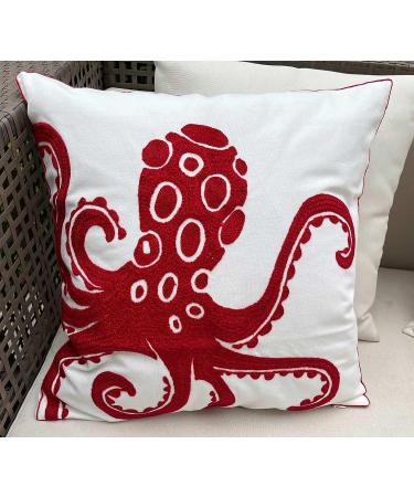 DECOPOW Embroidered Nautical Decor Pillow Cover - 18 Inch Square Canvas Pillow (Red-Octopus) - Buy Online on GoSupps.com