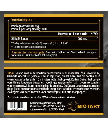 Biotary Shilajit Resin 60g Gold Standard 85+ minerals maximum potential from the Himalayas more than 3 months stock 100 pure & original vegan & without additives - Buy Online on GoSupps.com