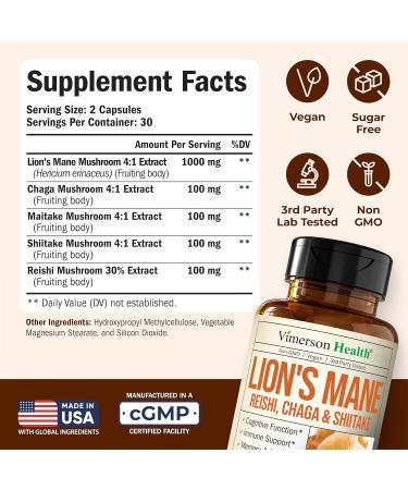 Lions Mane Supplement Capsules Mushroom Powder Blend with Lions Mane Powder Turkey Tail Shiitake Mushrooms & More Focus & Energy Supplements for Mood & Immune Support. Non-GMO. 60 Vegan Capsules - Buy Online on GoSupps.com