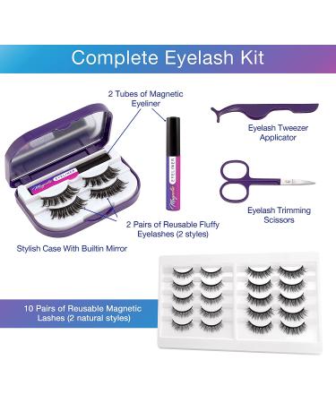 Asani Magnetic Eyeliner and Eyelashes Kit - 10 Reusable Natural Lashes, 2 Fluffy Magnetic Lashes, 2 Tubes of Magnetic Eyeliner, Scissors, Tweezers & Mirror Case - Buy Online on GoSupps.com