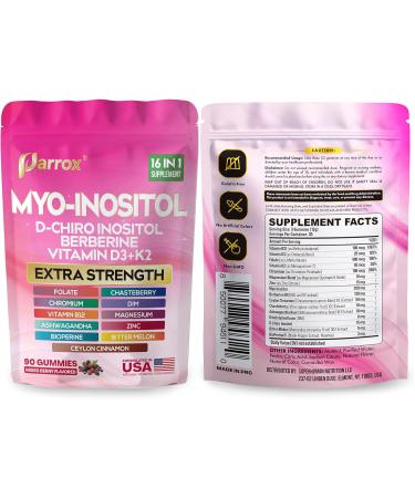 Myo-Inositol & D-Chiro Inositol Gummies with Berberine Vitamins D3+K2 B12 Folate Zinc Magnesium Ashwagandha Chasteberry Bioperine DIM - 16 in 1 Supplement - Mixed Berry Flavor - 90 Gummies - Buy Online on GoSupps.com