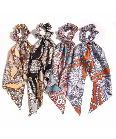 4pcs Scarf Hair Scrunchies with Long-Tail Paisley Hair Scarf for Women Satin Hair Ribbon Elastic Bowknot Scrunchies for Girls Ponytail Summer Hair Ties Hair Styling Accessories