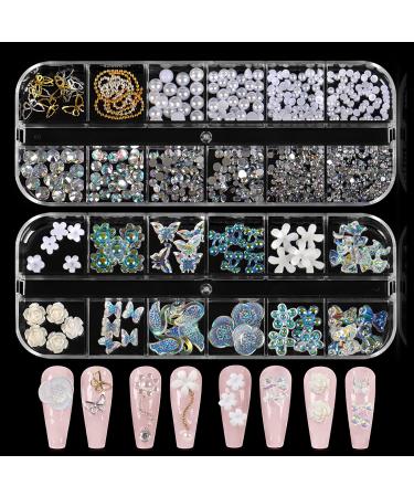 Nail Art Charms Set Nail Technician Accessories 2boxs Bedazzled Butterfly Nail Charms 24styles Nail Pearls Crystals 3D Gold Nail Gems for Christmas Nail Stuff Art Kit Decoration Women DIY Crafting