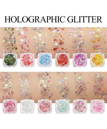 12 Colors Chunky Fine Body Glitter - Holographic Sequins for Eyes, Hair, Lips - Self-adhesive Mixable Makeup for Festival, Carnival, Halloween Party - Buy Online on GoSupps.com