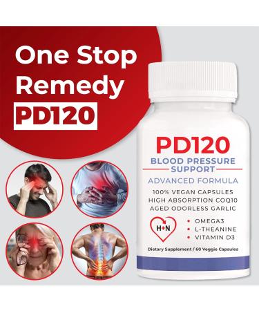 PD120 Blood Pressure Supplement to Help Reduce High Blood Pressure Naturally CoQ10 Nitric Oxide Black Odorless Aged Garlic Omega 3 L-Theanine Vitamin D3 for Blood Pressure Support - Buy Online on GoSupps.com