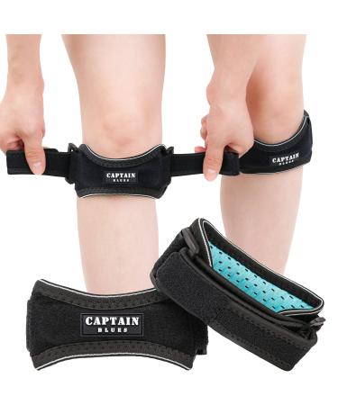 Captain Blues Patella Tendon Knee Strap 2 Pack Knee Pain Relief Support Brace Knee Braces for Women & Men Adjustable Patellar Tendon Strap for Hiking Soccer Running Basketball Jumpers Knee Tennis Tendonitis Volleyball Squats (Black)
