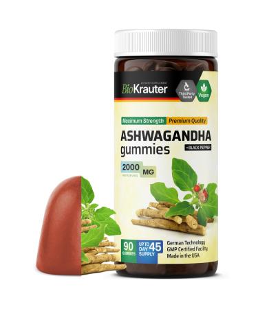 BIO KRAUTER Ashwagandha Gummies for Women & Men - 2000 mg Strength - 90 Chews for Mood Support - Chewable Ashwagandha Supplements - Vegan - Mango Flavor 90 Count (Pack of 1)