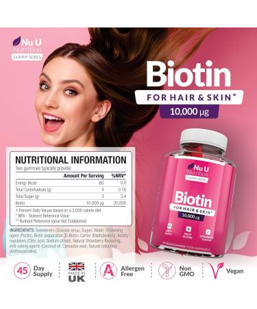 Biotin Hair Gummies 10,000mcg - 90 Vegan Gummies - Strawberry Flavour - Supports Hair Growth & Healthy Skin - Chewable Hair Vitamins - Buy Online on GoSupps.com