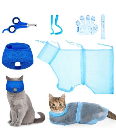 5 Pieces Cat Bathing Bag Set Cat Grooming Bag Adjustable Pet Shower Net Bag Cat Muzzles Anti-Bite Anti-Scratch Nail Clipper Tick Remover Tool Massage Brush for Bathing Cleaning Trimming Blue