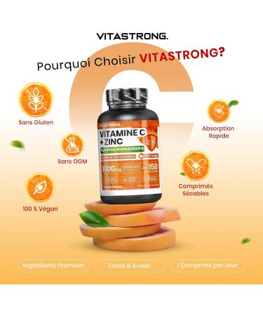 Vitamine C 1000mg Zinc Vitastrong Vegan 1 Comprim /Jour (pour 5 Mois) Qualit Premium Compl ment Vitamine C Zinc Haut Dosage pour Fatigue Syst me Immunitaire Adulte & Peau (EFSA) - Buy Online on GoSupps.com