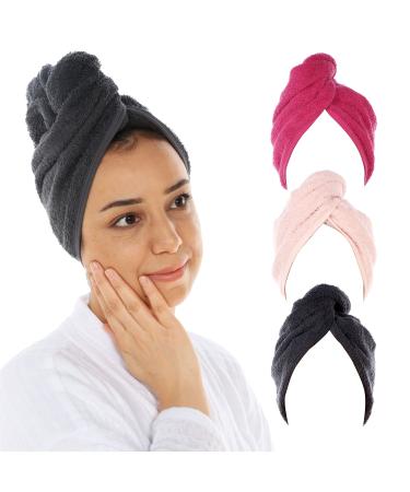 Cacala Terry Hair Towel Wrap - Luxurious Super Absorbent Hair Towel Wrap for Wet Hair Non-Frizz Hair Turban with Holding Loop and Buttons Cotton Hair Wrap with Accessories | 3 Pieces
