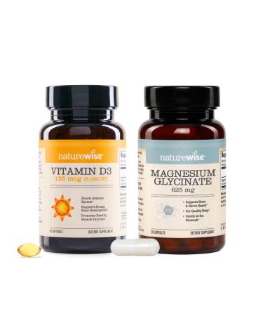 Bundle of NatureWise Vitamin D3 5000iu (125 mcg) 30-Day Supply - Non-GMO Gluten Free + NatureWise Magnesium Glycinate - 625 mg - Equal to 125 mg Elemental Magnesium - 30 Capsules 30-Day Supply