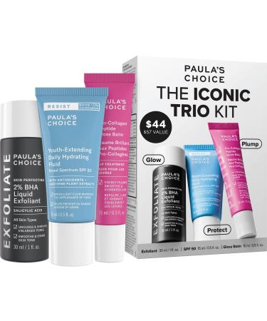 Paula s Choice The Iconic Trio Kit Travel 2% BHA Liquid Exfoliant Travel SPF 50 Moisturizer Full Sized Peptide Gloss Balm Complete Glow and Lip Care Set