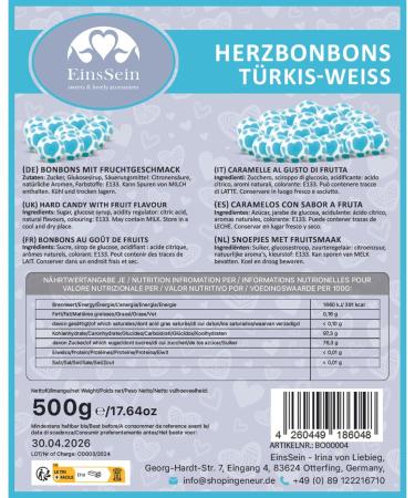 EinsSein Heart Wedding Sweets Blue/Turquoise-White 500 g | 140 Piece Sweets Heart Sweets | Table Decoration Candy for Wedding - Buy Online on GoSupps.com