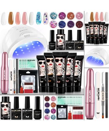 Morovan Poly Gel Nail Kit with Drill and Lamp - Professional Poly Gel Kits with Light 48W for Beginners Complete Poly Gel Nail Art Extension Slip Solution Nails Kit Gel Set A1-Clear White Pink