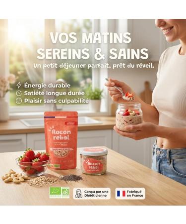 FLOCON REBEL Overnight Oats | Fraises Noix de Cajou 5 Petits D jeuners Sains et Rapides | Porridge Froid | Flocons d Avoine | Riche en Fibres Source de Prot ines Bio Sans Sucre Ajout - 5X45g Fraise Noix de Cajou 45 g (Lot de 5) - Buy Online on GoSupps.com