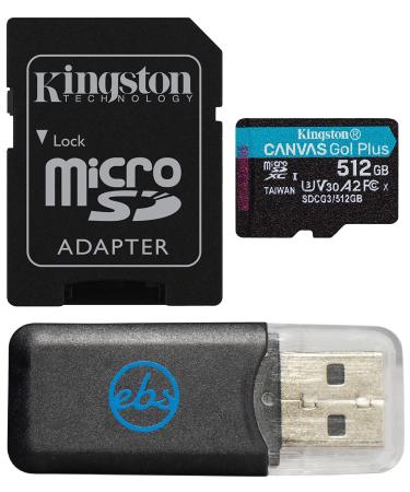 Kingston MicroSD 512GB Canvas GO! Plus Memory Card with Adapter Works with DJI OSMO Pocket 3 Gimbal Camera (SDCG3/512GB) V30 U3 A2 Bundle with (1) Everything But Stromboli MicroSD Card Reader