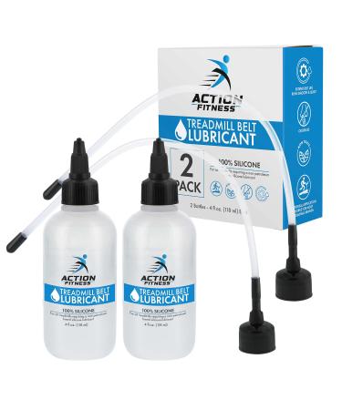 Action Fitness 100% Silicone Treadmill Belt Lubricant, 8 Ounces (2 Pack, 4 oz. Bottles) with Both Application Tubes and Twist Spout Caps - Controlled Lube Flow, Full Belt Width Lubrication - Odorless