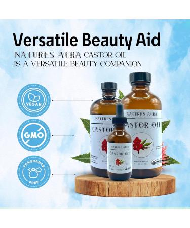 Natures Aura Organic Castor Oil & Pack Kit | Cold Pressed Hexane Free USDA Approved | 8 Oz Glass | Free Mascara Wands - Buy Online on GoSupps.com