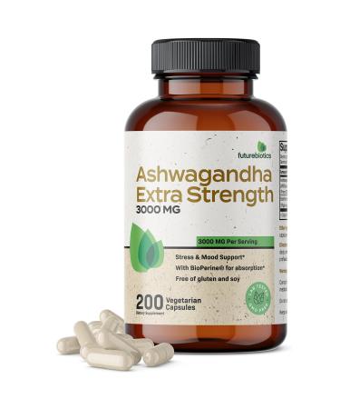 Futurebiotics Ashwagandha Capsules Extra Strength 3000mg - Stress Relief Formula Natural Mood Support Stress Focus and Energy Support Supplement 200 Capsules