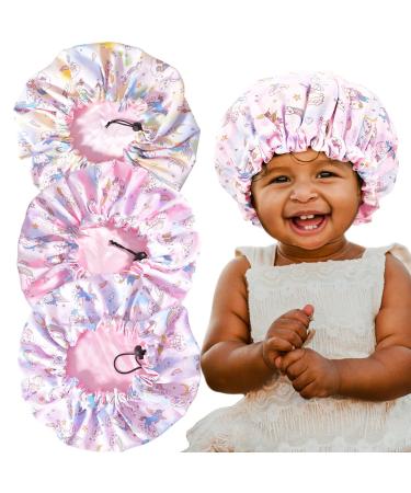 3 Pieces Kids Unicorn Bonnet Adjustable Satin Bonnet Sleeping Cap Soft Silk Pink Night Hats for Natural Hair Teens Toddler Child Baby Reversible Double C-unicorn