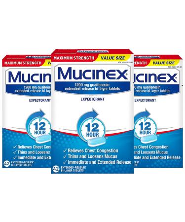 Mucinex Maximum Strength Chest Congestion Medicine for Relief Expectorant Lasts 12 Hours Extended-Release Bi-Layer Tablets 42 Count (Pack of 3)