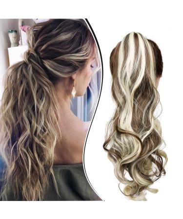 Dcbaboo Ponytail Extension Curly 18inch Claw Clip in Ponytail Hair Extensions Long Wavy Synthetic Pony tails Natural Wave One Piece Hairpiece Fake Ponytail for Women Chestnut Brown/Bleach Blonde 18 inch 140g Chestnut Brown/Bleach Blonde