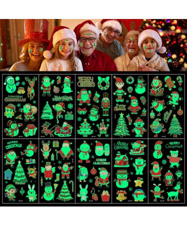 Christmas Temporary Tattoos for Kids - 105pcs Styles Waterproof Mixed Style Cartoon Fake Tattoo  Glow in The Dark Tattoos for Boys Girls Christmas Decorations (10Sheets) Christmas style