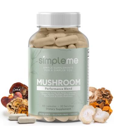Simpleme Multi-Mushroom Supplement - Complex For Brain Immune Support Nootropics - Performance Blend with Lions Mane Turkey Tail Reishi Cordyceps Chaga Maitake Shiitake and More - 60 Capsules