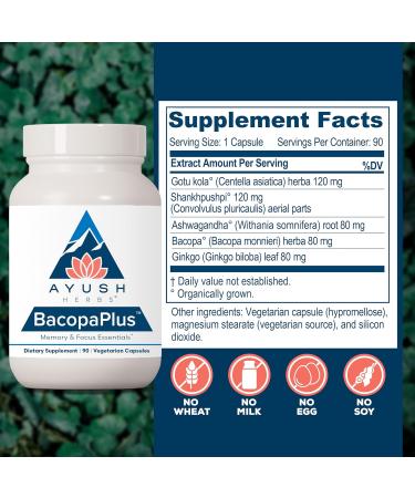 Ayush Herbs BacopaPlus - Bacopa Supplements Organic Bacopa for Memory & Focus Cognitive Support Pill for Adults with Ginkgo Gotu Kola Ashwagandha - 90 Vegetarian Capsules (1 Count) - Buy Online on GoSupps.com