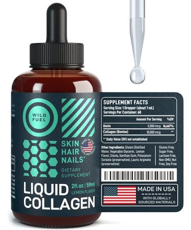 Wild Fuel Liquid Collagen Peptides with Biotin Vitamins - Hair Skin and Nails Supplement - Collagen for Hair Growth - Lemon Flavor - 2oz 1 Pack - Buy Online on GoSupps.com