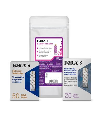 Fora 50 PCs blood sugar test strips 25 pieces of blood sugar hematocrit and hemoglobin test strips (3-in-1) 10 PCs keton test strips for use with the fora blood sugar measuring device.