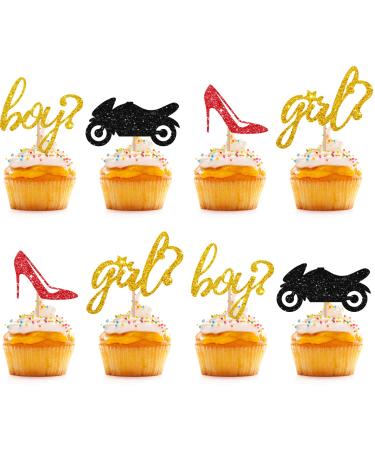 24pcs - Boy Or Girl Cupcake Toppers Red & Black Glitter Baby Shower Cupcake Picks Heels Or Motorcycle/He Or She Cake Decorations for Gender Reveal/First Birthday Party