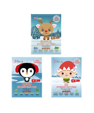7th Heaven Winter Wonderland Face Mask Bundle with Reindeer Penguin and Elf Design Sheet Masks to Soothe Hydrate and Nourish Skin (Ages 8+)