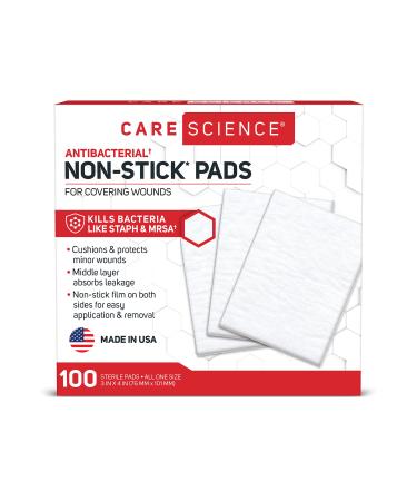 Care Science Antibacterial Non-Stick Pads, 3 x 4 in, 100 ct | Non-Stick Pads for Covering Wounds, Kills Staph & MRSA, Helps Prevent Infection 100 Count