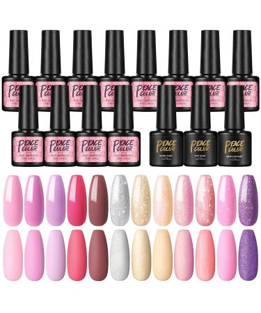 PEACECOLOR 7ML Nail Gel Polish Set 12Pcs with Top and Base Coat Matte Top Coat Pink Purple Glitter Gel Nail Kit U V/LED Lamp Needed Color Collection Gifts for Women DIY Nail Art XA-44