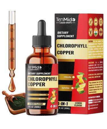 Tenmido 4in1 Chlorophyll Liquid Drops with Copper Chlorella Spirulina - Support Immune System Digestive and Gut Health - Vegan Non-GMO - 30 Days Supply - 1 FL Oz