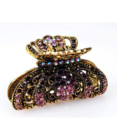 TROTH FASHION Metal Antique Silver Plated Hair Clips Women Crystal Rhinestone Hair Claw Diamante Claw Hair Clamp Anti Slip Large Claw Clips for Thin & Thick Hair Hair Styling Accessories Women Antique Gold Purple