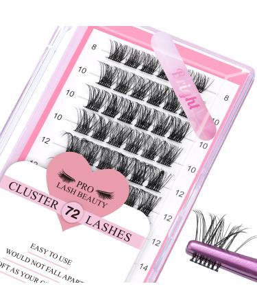 Cluster Lashes 72 Pcs Individual Lashes Lash Clusters DIY Eyelash Extension Super Thin Band Reusable Soft & Comfortable (Bright-D-8-16mix) 8-16 mix Bright