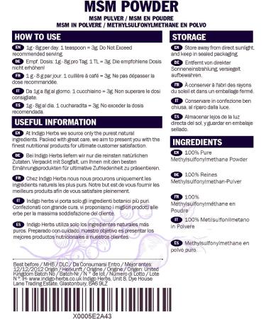 Indigo Herbs MSM Powder 250g - Pure Methylsulfonylmethane Supplement | Vegan & GMO-Free | No Additives - Pack of 1 - Buy Online on GoSupps.com