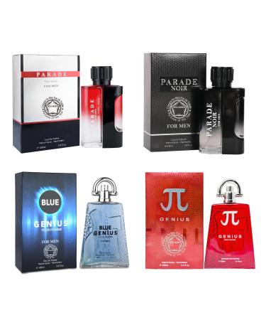 META-BOSEM 4Pc Set Cologne for Men (Parade+Parade Noir+Genius Red&Blue) Classic Collection Bottles Eau de Toilette Natural Spray - Woody Scent - Holiday Gift (Pack of 4) Each 3.4 Fl Oz Total 13.60 Oz