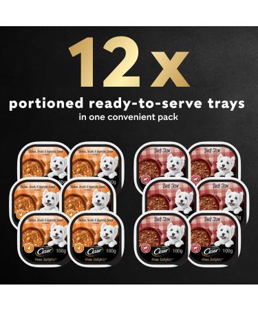 CESAR Home Delights Adult Wet Dog Food - 6 Beef Stew and 6 Hearty Chicken and Noodle Dinner in Sauce 12x100g Trays Beef Stew - Chicken 100 g (Pack of 12) - Buy Online on GoSupps.com