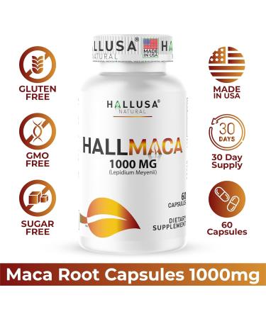Hallusa Natural Maca Root Capsules 1000mg (Lepidium Meyenii) Energy Vitality & Daily Performance Support Mood Focus & Stamina for Men & Women Non GMO 60 Capsules - Buy Online on GoSupps.com