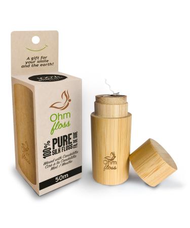 Ohm Earth s Ohm Floss Natural Biodegradable Silk Dental Floss with Refillable Bamboo Holder Naturally waxed with Candelilla 100% Compostable 55 yds/50m Spool Eco-Friendly Oral Care Natural Mint