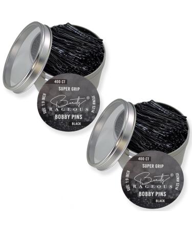 Super Grip Black Bobby Pins - 400 Ct Approx - Handy Reusable Tin (2 Pack)