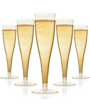 QIANQUEYUE 100 Plastic Champagne Flutes Disposable | Gold Glitter Plastic Champagne Glasses for Parties |Gold Glitter Plastic Cups | Plastic Toasting Glasses |Wedding and Shower Party Supplies