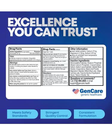 GenCare - Maximum Strength Senna Laxative 25mg (100 Tablets) - Gentle Constipation Relief Sennosides USP Stimulant Laxatives Digestion Pills - Natural Overnight Relief while You Sleep - Generic Ex Lax - Buy Online on GoSupps.com