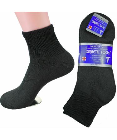 3 Pair Ankle Quarter Crew Diabetic Socks Men's Women's Unisex Size 10-13 Black